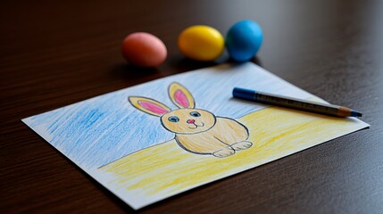 Colorful drawing: Beautiful Easter card with easter eggs and cute bunny