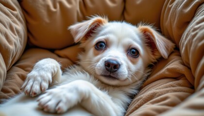 Adorable fluffy puppy relaxing comfortably in soft cozy pet bed with gentle expression and bright eyes