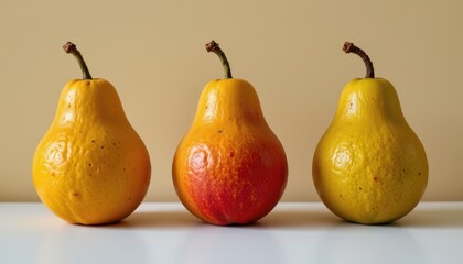 Fresh and Vibrant Yellow Pears on White Surface with Soft Background Showcasing Fruits in Different Hues