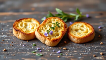 Freshly Baked Toast with Green Herbs and Purple Flowers on Rustic Wooden Background