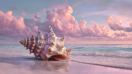 A large conch shell resting on wet sand at the water's edge under a pastel sunset
