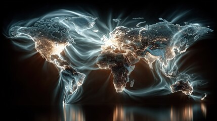 A glowing, abstract representation of a world map with radiant lines and vibrant colors against a dark background