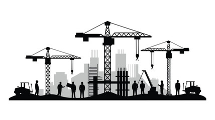Construction site with cranes and workers building modern cityscape