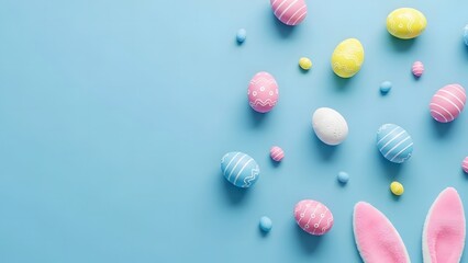 Easter eggs and bunny ears on pastel blue background easter celebration