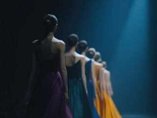 Elegant models lining up on a dark stage, wearing colorful evening gowns, preparing for a performance or fashion show in the spotlight
