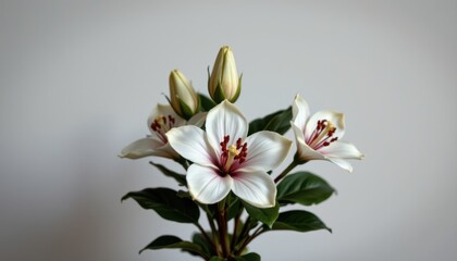 Obraz premium Beautiful white lilies with pink accents and green leaves arranged on a neutral background for floral decor