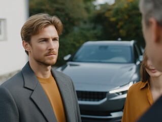 Man with serious expression listening to conversation, looking thoughtfully, considering new electric vehicle ownership and future, standing outdoors with person near modern car