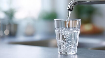 Glass of water being filled from a faucet. the glass is placed on a kitchen countertop and the water is flowing from the tap into the glass.
