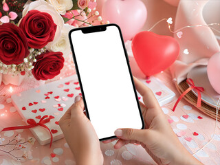 Female hands holding smartphone mockup with blank screen. Valentine's Day background with red roses, heart balloons and confetti.