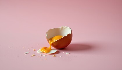 Fresh Egg Broken on Pink Background with Yolk and Shell Fragments Dripping Liquid in Artistic Composition