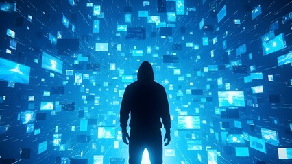 Anonymous hooded figure exploring a vast digital matrix, surrounded by a luminous cascade of data and immersive virtual screens