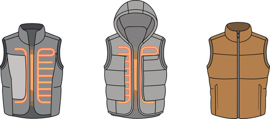 Heated winter vest jacket set with thermal warming elements, puffer gilet apparel vector flat illustration collection © MdMajnur