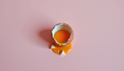 Cracked Eggshell with Yellow Yolk on Pink Surface, Fresh Ingredients for Cooking and Baking Preparation