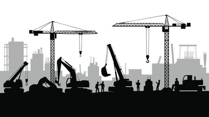 Construction site with cranes and workers in cityscape