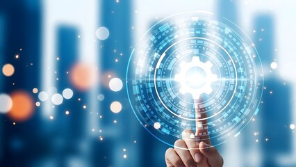Digital transformation and technology innovation, a hand interacting with a futuristic interface with glowing circles and a gear