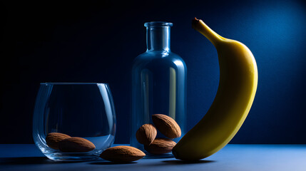 nightstand. A few almonds and a banana on a nightstand in cool blue moonlight. menu design, packaging mockups, designed for culinary blogs and recipe cards for restaurants, used by sports marketers.