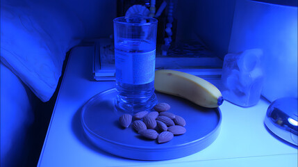 nightstand. A few almonds and a banana on a nightstand in cool blue moonlight. menu design, packaging mockups, designed for culinary blogs and recipe cards for restaurants, used by sports marketers.