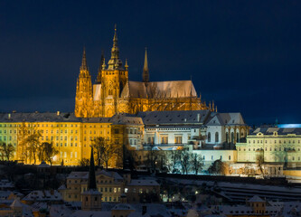 Obraz premium High Resolution Panorama Picture of Winter Snowy Prague Old Town with Prague Castle during Sunset , Czech republic