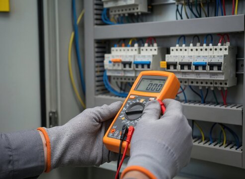 Electrician testing voltage with digital multimeter inside industrial electrical control cabinet.