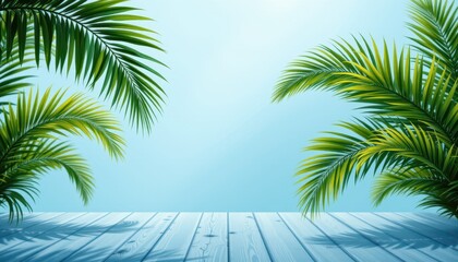 Tropical Palm Leaves with Clear Blue Background and Wooden Deck for Nature and Relaxation Themes