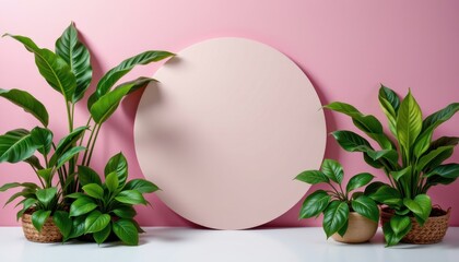 Minimalist Interior Design with Plants on White Table Against Pink Wall with Circular Background Display