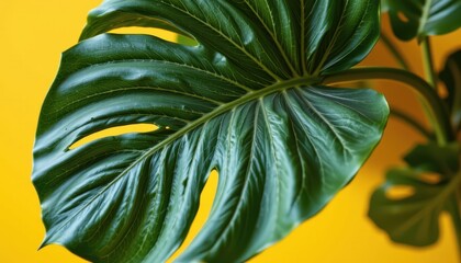 Vibrant Green Monstera Leaf Against a Bright Yellow Background in Natural Light Setting
