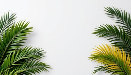 Lush Green and Yellow Palm Leaves Framing a Bright White Background for Creative Projects and Designs