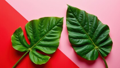 Green Monstera Leaves on Vibrant Pink and Red Background with Unique Geometric Design Elements