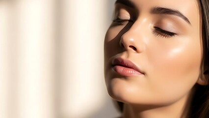 Fototapeta premium Serene portrait of a person bathed in sunlight, with eyes closed in tranquility. The image showcases the soft glow on the person's face. 