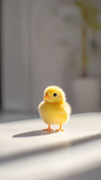 Adorable little fluffy yellow duckling captured in soft, warm sunlight, creating a serene and charming portrait