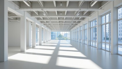 Spacious Modern Office Interior with Large Windows and Abundant Natural Light in Urban Environment