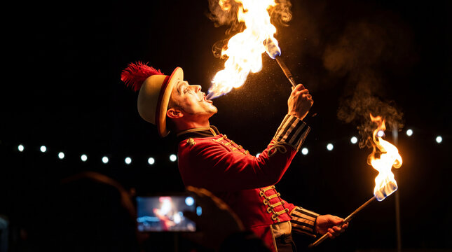 Circus fire breather performing with flaming torches during night show.