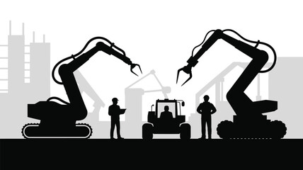 Construction workers operating heavy machinery on a building site