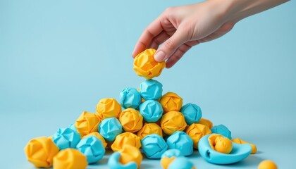 Colorful Hand Stacking Soft Balls on Blue Background for Fun Creative Play Activities and Educational Toys