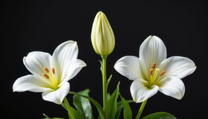 Obraz premium Elegant White Lilies with Bud Against a Dark Background for Botanical and Nature Photography