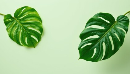 Vibrant Green Monstera Leaves on Soft Mint Background for Fresh Botanical Aesthetic and Home Decor