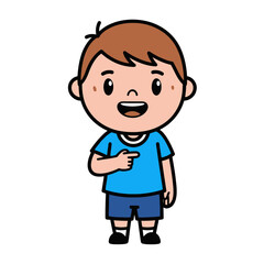 Obraz premium Happy Cartoon Boy Pointing Finger, Cheerful Child Illustration, Isolated on White Background