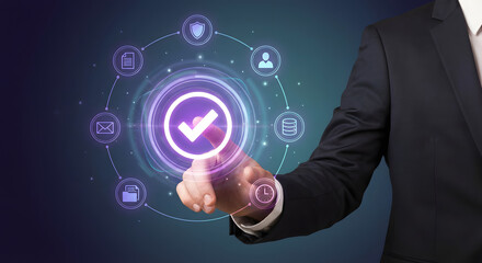 businessman hand touching digital checkmark interface with glowing data icons and virtual shield representing secure authentication cyber security and business compliance