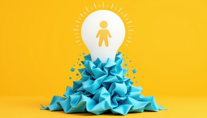 Creative Concept of Idea Visualization with Light Bulb, Blue Ruffles, and Silhouette Figure on Yellow Background