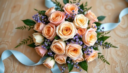 Elegant bouquet of peach roses with delicate blue flowers and soft ribbons on a rustic wooden table setting