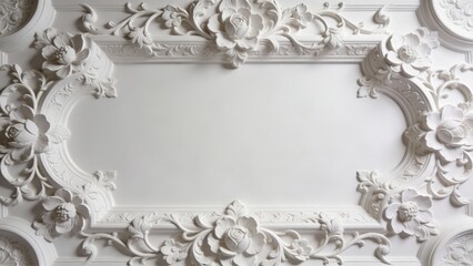 Ornate white gypsum stucco relief framing a blank rectangular copy space on a decorative classic interior wall with soft ambient lighting.