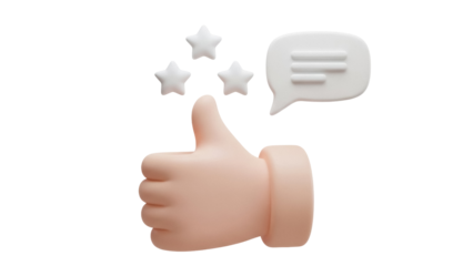 Thumbs up hand with stars and speech bubble isolated PNG, positive feedback and customer satisfaction concept for social media