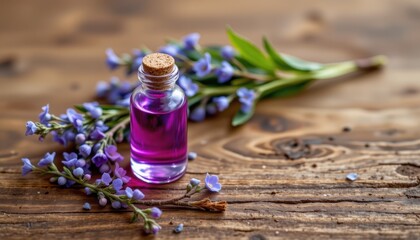 Elegant Glass Bottle with Purple Liquid Surrounded by Delicate Flowers on Rustic Wooden Table
