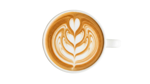 Latte art in a white cup isolated PNG, coffee drink with heart design on transparent background, cappuccino for cafe menu - Powered by Adobe