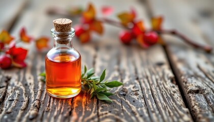 Elegant Bottle of Essential Oil Surrounded by Autumn Leaves and Berries on Rustic Wooden Surface