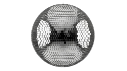 Shiny disco ball isolated PNG on transparent background, mirror ball with reflective tiles for party and dance floor decoration