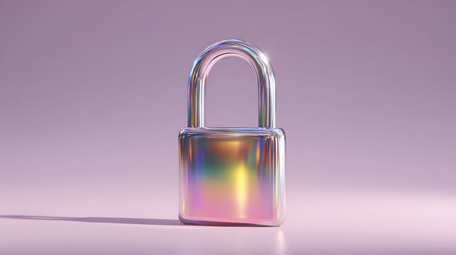 A reflective, iridescent padlock in a soft, lilac-colored environment - Powered by Adobe