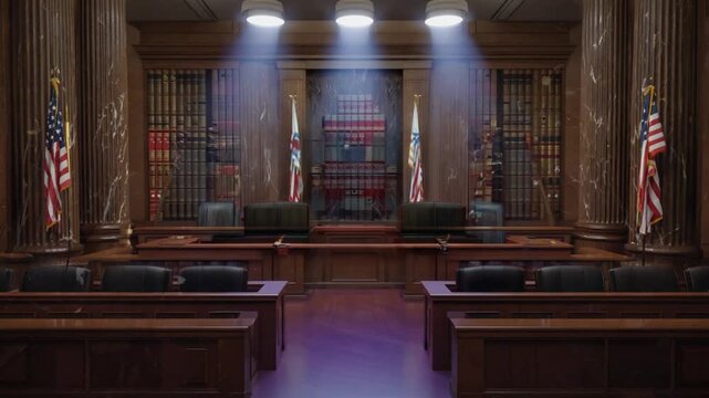 Hologram of "Gun Law" in a courtroom.