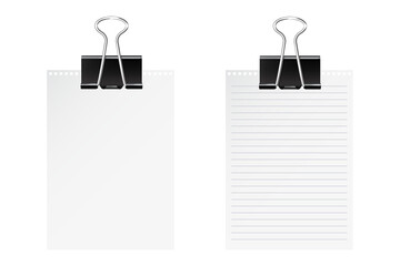 Realistic black binder clips holding blank and lined white paper sheets set isolated on transparent background, organized office stationery concept, vector illustration