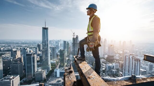Construction Worker Views City Skyline From High Structure in Daylight With Bright Sun Reflecting off Buildings - Powered by Adobe